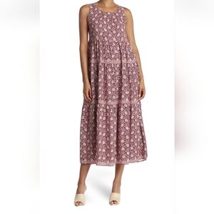 MAX STUDIO Midi Maxi Dress MEDIUM Tiered A-LINE Floral Boho Wine Summer Wedding